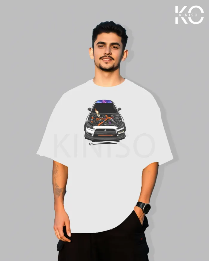 Image of White color drop shoulder t-shirt with Racing Car Hood Open Print for men at reasonable price